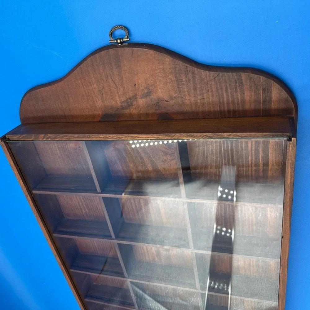 Vtg Large Wood Wall Display Case Trinket Shelf Glass Knick Knack Cabinet